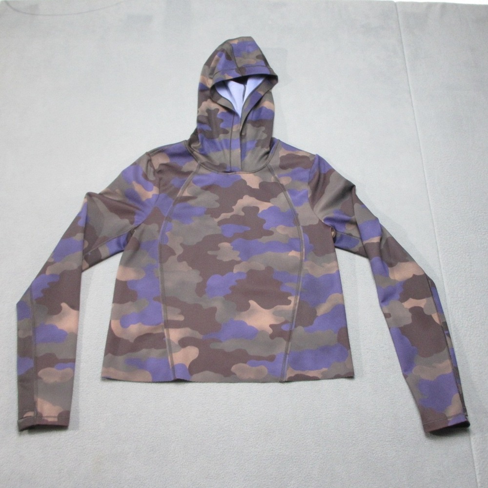 Athleta Hoodie Womens Small Purple Brown Camo Cropped Thumbholes Activewear